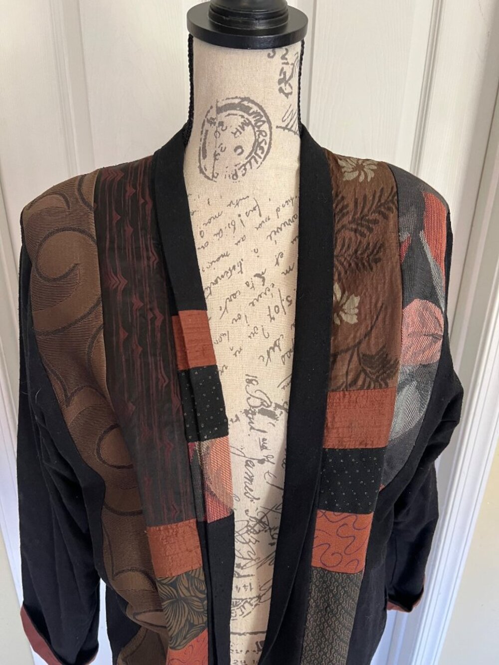 Anna Brown Open Blazer Jacket Patchwork Quilt Art to Wear Casual Neutral Small - Picture 2 of 9
